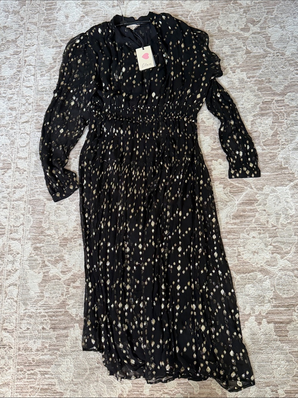 Elan Black Midi Dress with Gold Dot Pattern, Long Sleeve